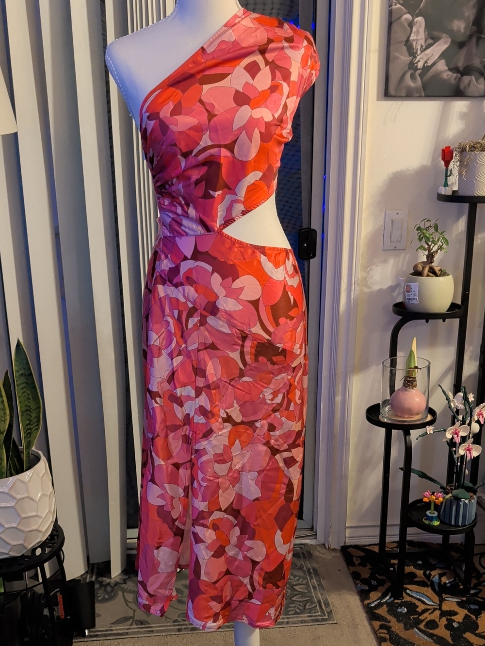 Hello Molly One-Shoulder Cut Out Floral Pink & Orange Midi Dress, Size 6